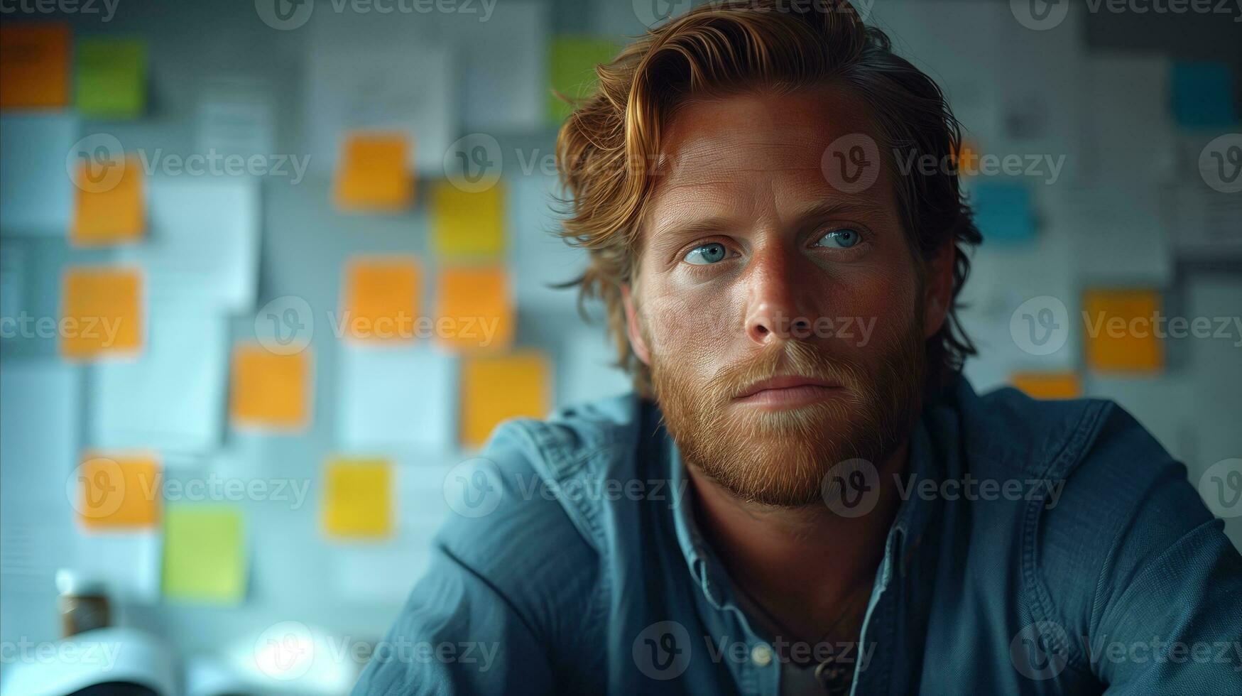 AI generated Thoughtful professional man with post-it notes in background photo