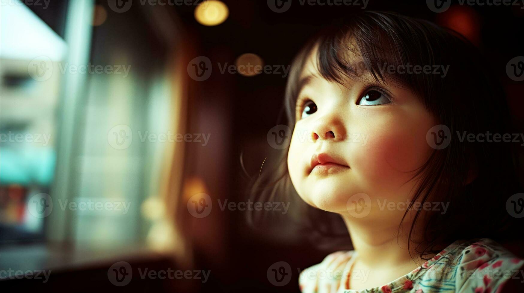 AI generated A cute little girl looks out a window. Generative AI photo