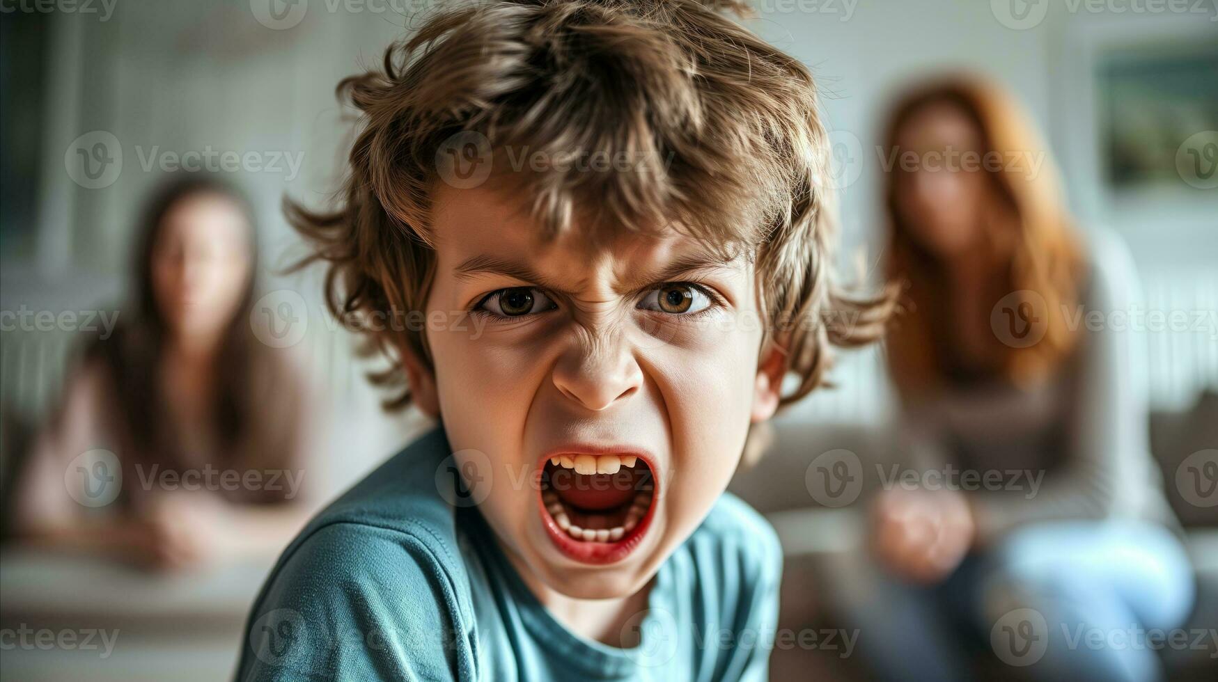 AI generated A child screaming out loud in the middle of the living room. Generative AI photo