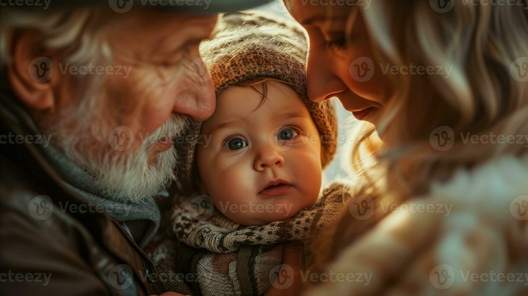AI generated An elderly couple lovingly embraces a little baby, their facial expressions radiating warmth and joy. Generative AI photo