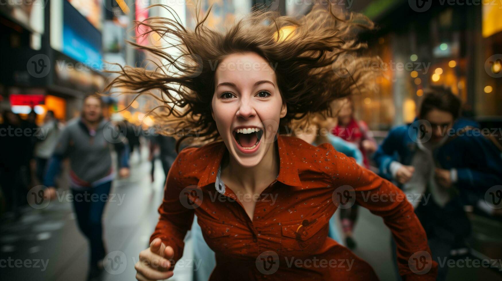 AI generated A woman running in the city with her hair flying, showcasing her active lifestyle and freedom. Generative AI photo