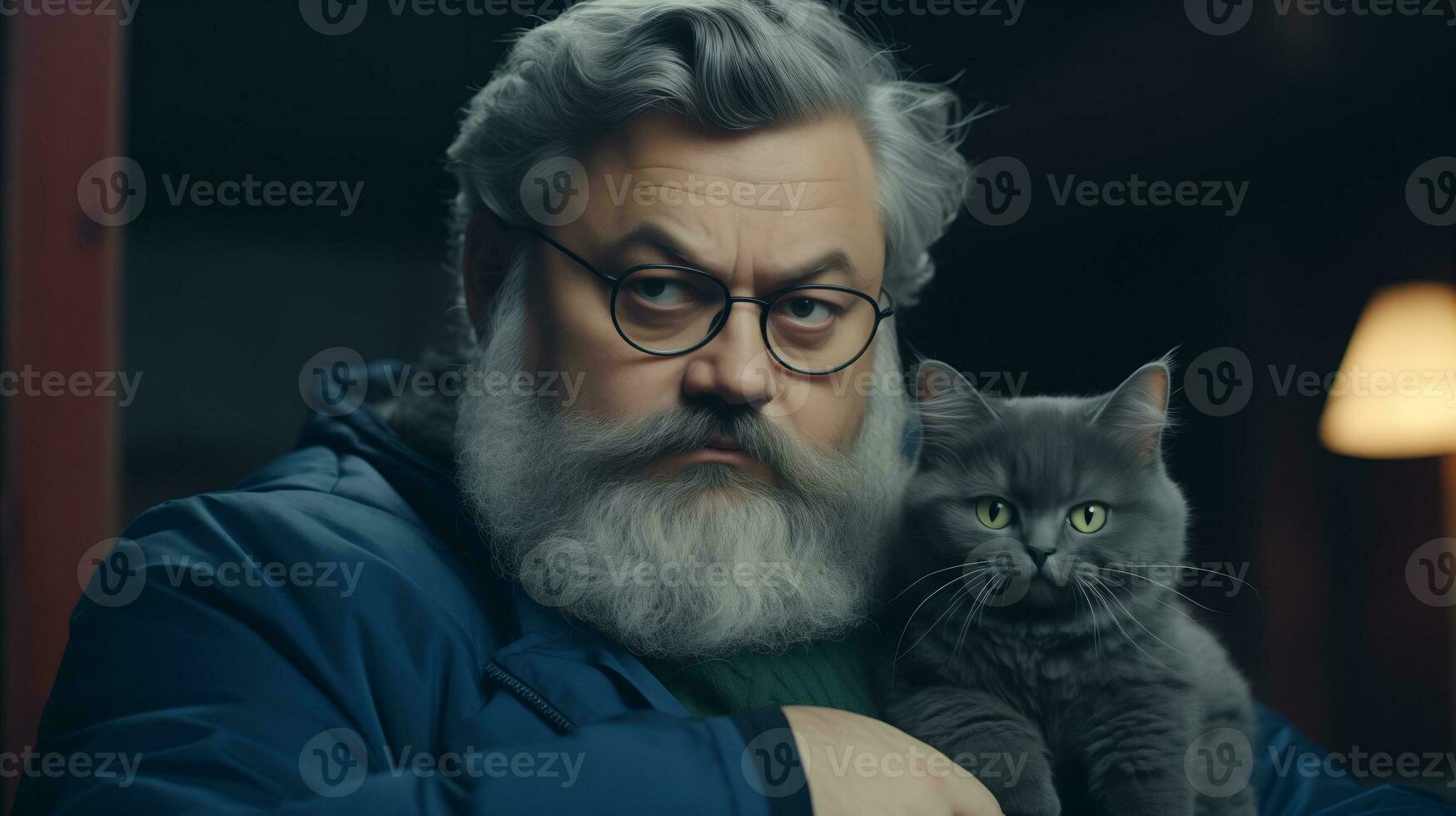 AI generated A bearded man wearing glasses gently holds a gray cat in his arms. Generative AI photo