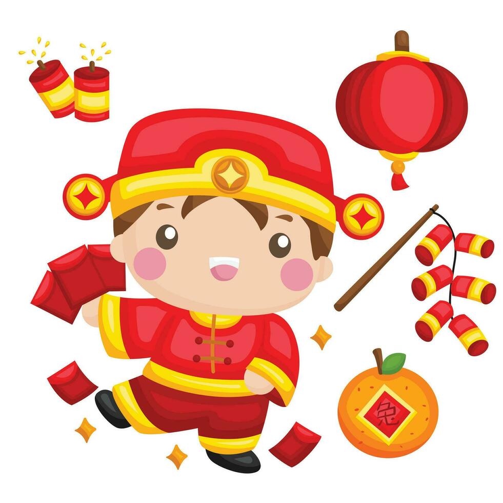 Cute Chinese New Year Celebration Kids Lunar Cartoon Illustration vector Clipart Sticker
