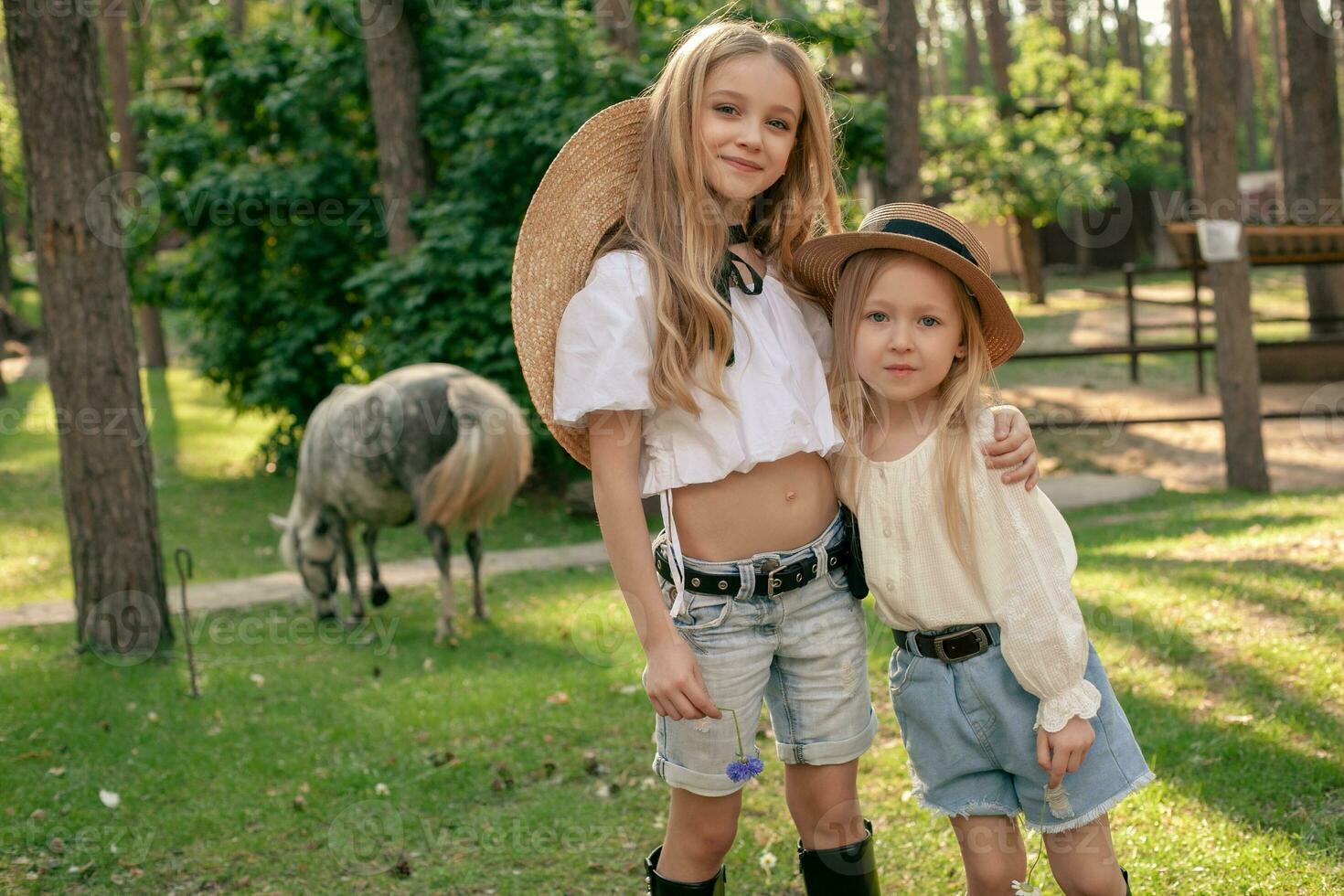 Smiling preteen girls hugging while walking in summer park with pony grazing in background photo