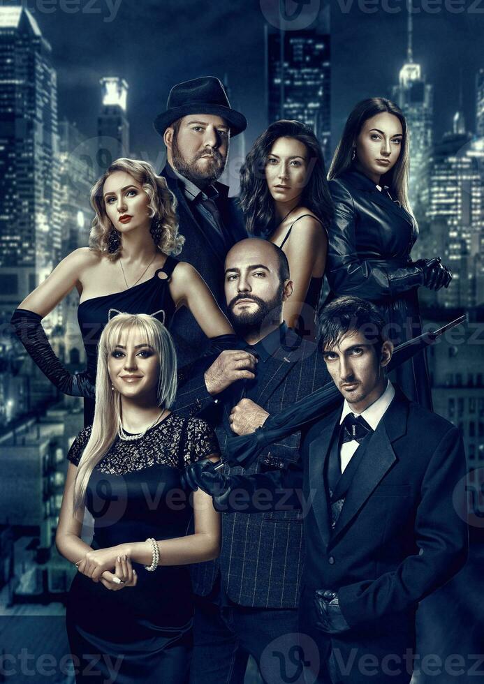 Portraits of men and women in the style of noir. Detective, hitman, spy, secret agent, widow and witness to the murder against the backdrop of the night city. Vintage Hollywood style. photo