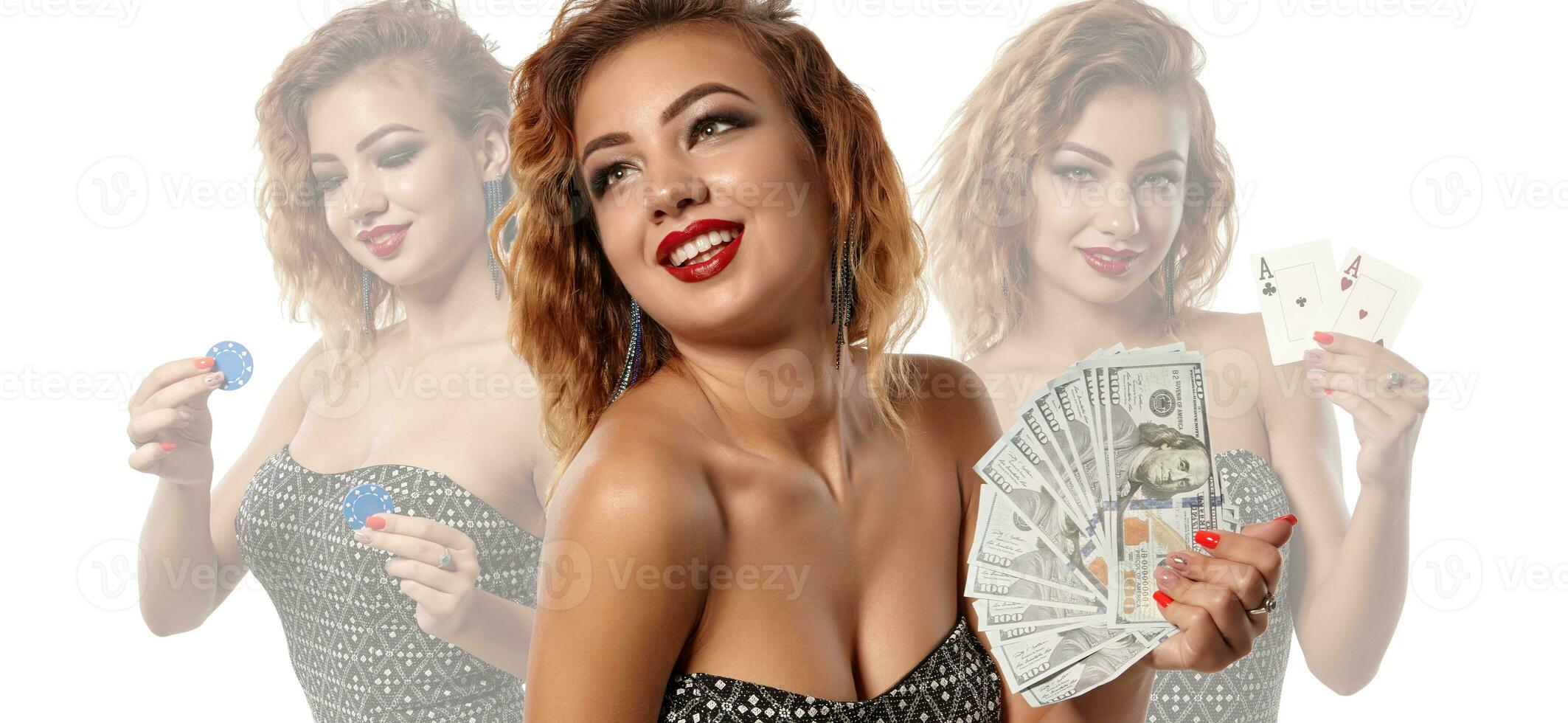 Triple image of ginger lady in stylish dress. She smiling, holding cash, aces and chips, posing isolated on white. Collage, poker, casino. Close-up photo