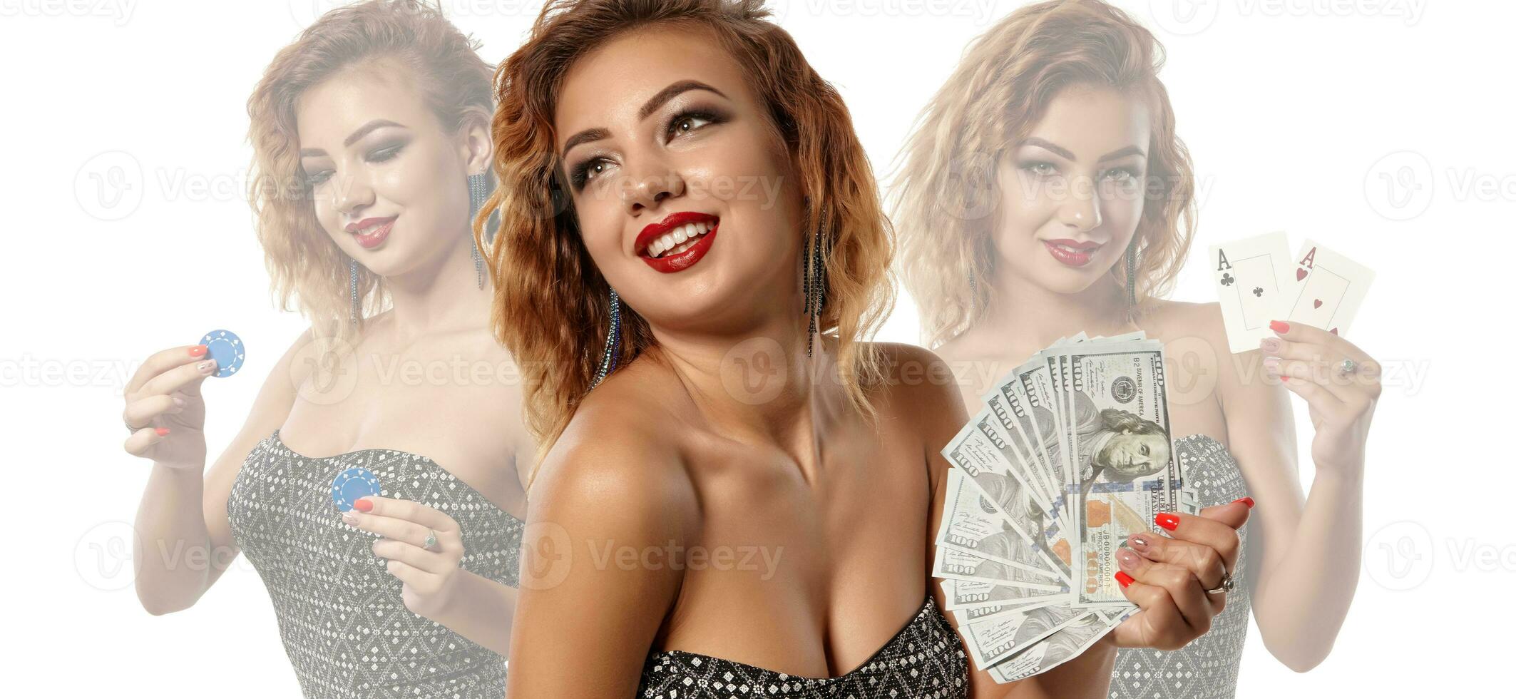 Triple image of ginger lady in stylish dress. She smiling, holding cash, aces and chips, posing isolated on white. Collage, poker, casino. Close-up photo