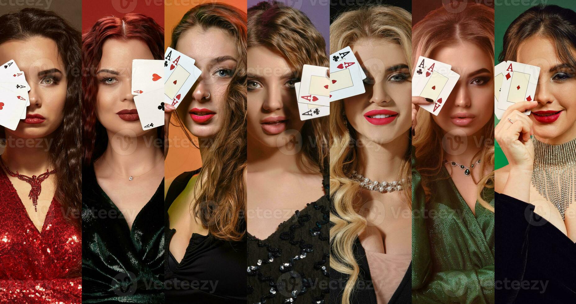 Collage of models in dresses and jewelry. They covered one eye by two playing cards, smiling, posing on colorful backgrounds. Poker, casino. Close-up photo