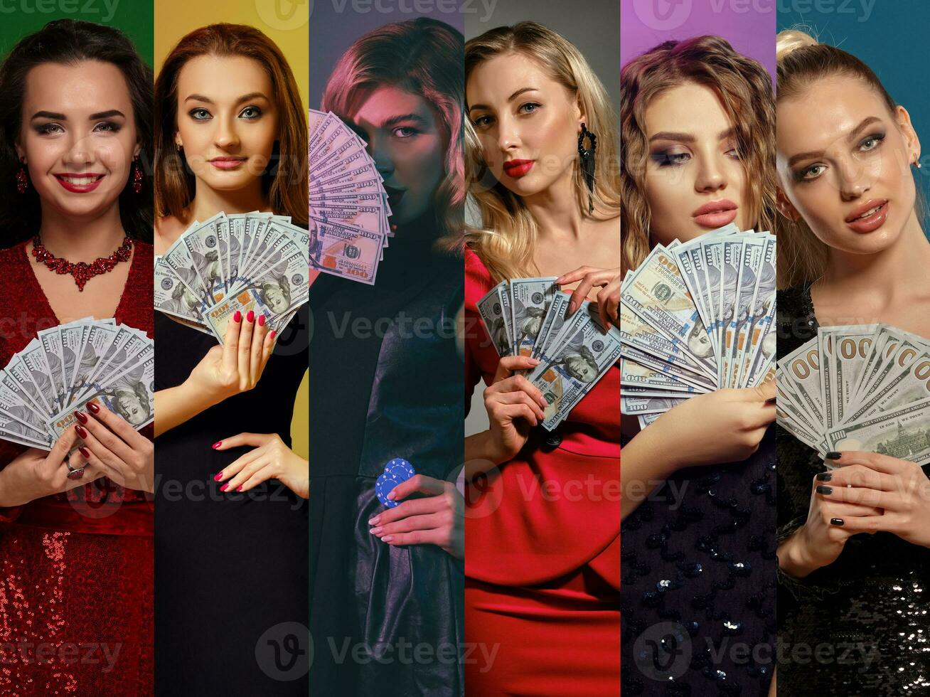 collage de mujer en elegante vestidos, joyas. sonriente, demostración aficionados de cien dólar facturas, posando en vistoso antecedentes. póker, casino. de cerca foto