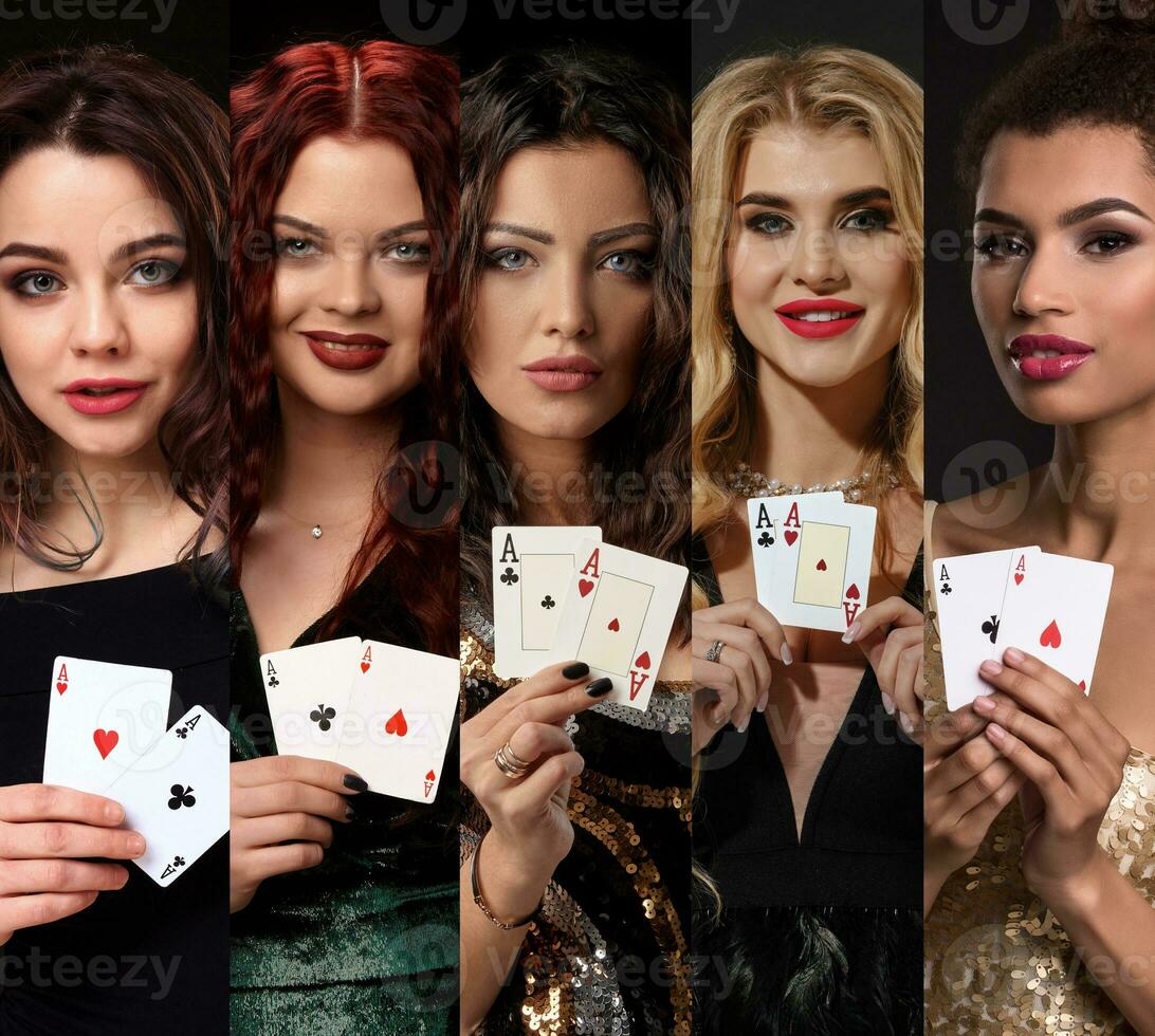 Collage of five females in stylish dresses and jewelry. They smiling and showing aces, posing against colorful backgrounds. Poker, casino. Close-up photo