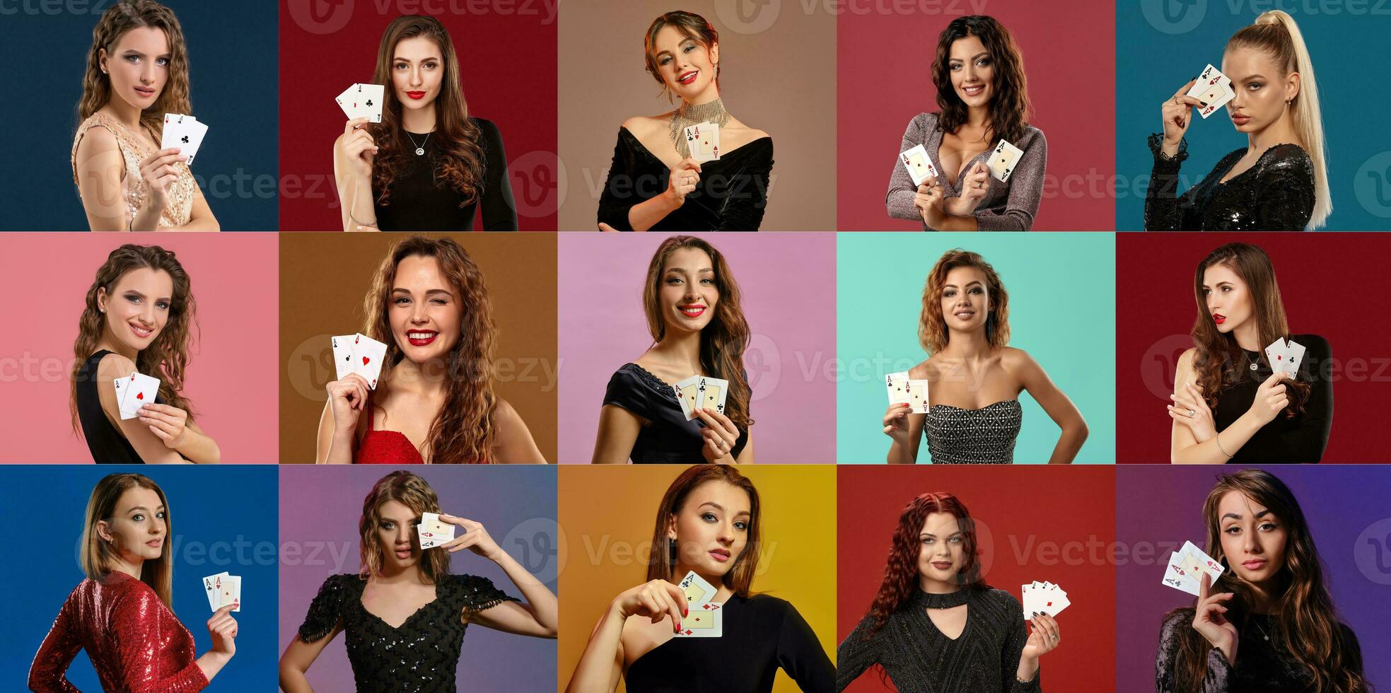 Collage of women with make-up and hairstyles, in stylish dresses and jewelry. Smiling, showing aces, posing on colorful backgrounds. Poker, casino photo