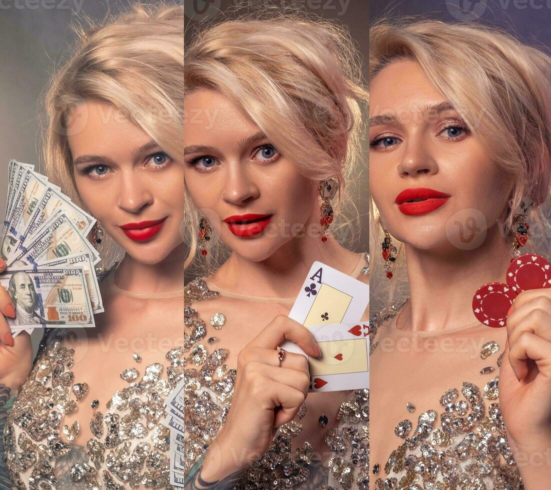Collage of blonde lady with bright make-up, in shiny dress. She smiling, showing money, two aces and red chips. Poker, casino. Close-up photo