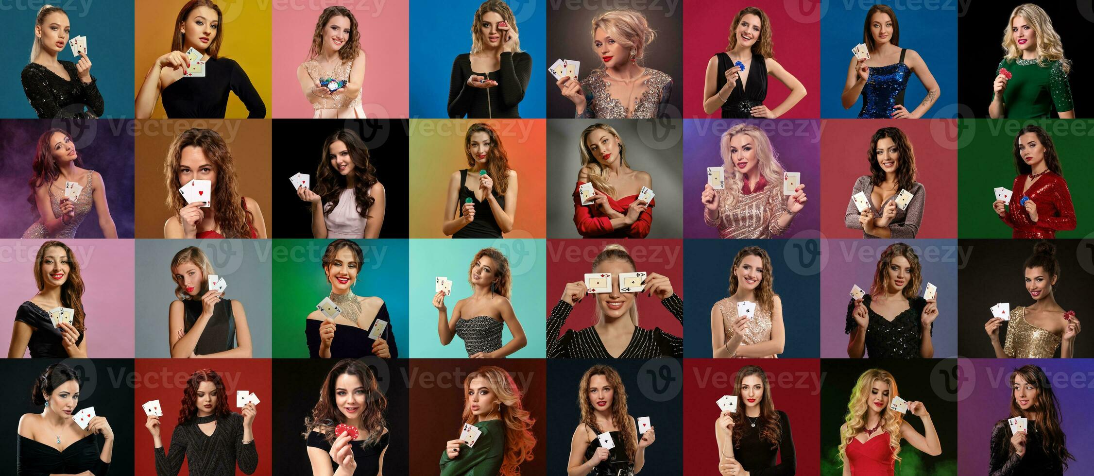 Collage of females with make-up, in stylish dresses and jewelry. They smiling, showing aces and chips, posing on colorful backgrounds. Poker, casino photo