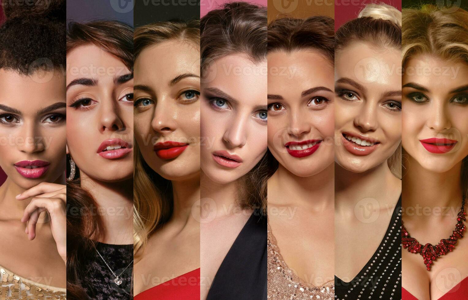 Collage of females faces with bright make-up and stylish jewelry. Expressing different facial emotions against colorful backgrounds. Close-up photo