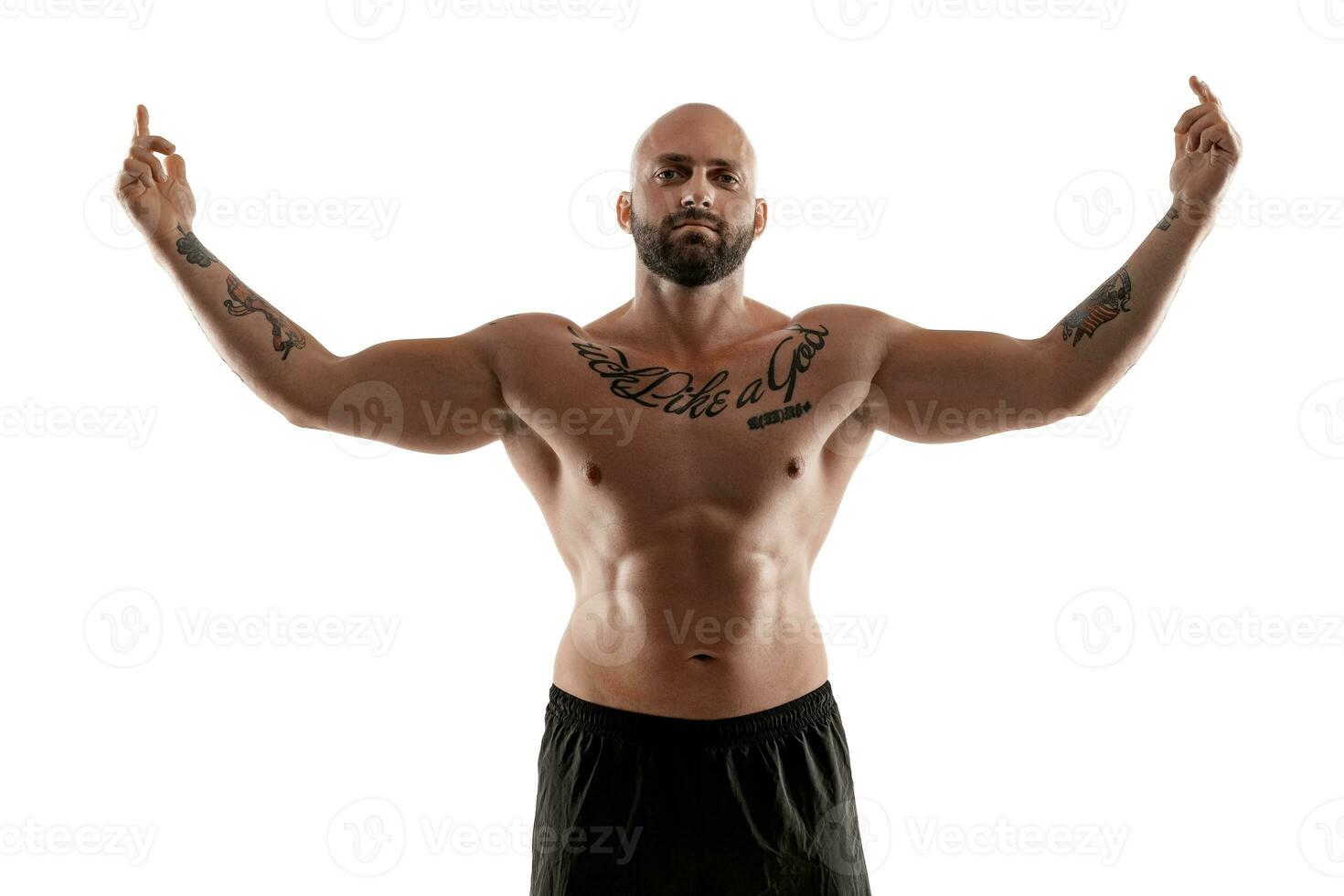 Athletic bald, tattooed man in black shorts is posing isolated on white background. Close-up portrait. photo