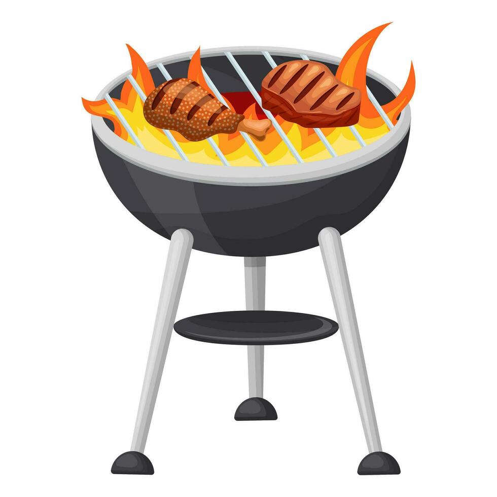 Cooking chicken and meat on a flaming grill. Vector illustration on a white background