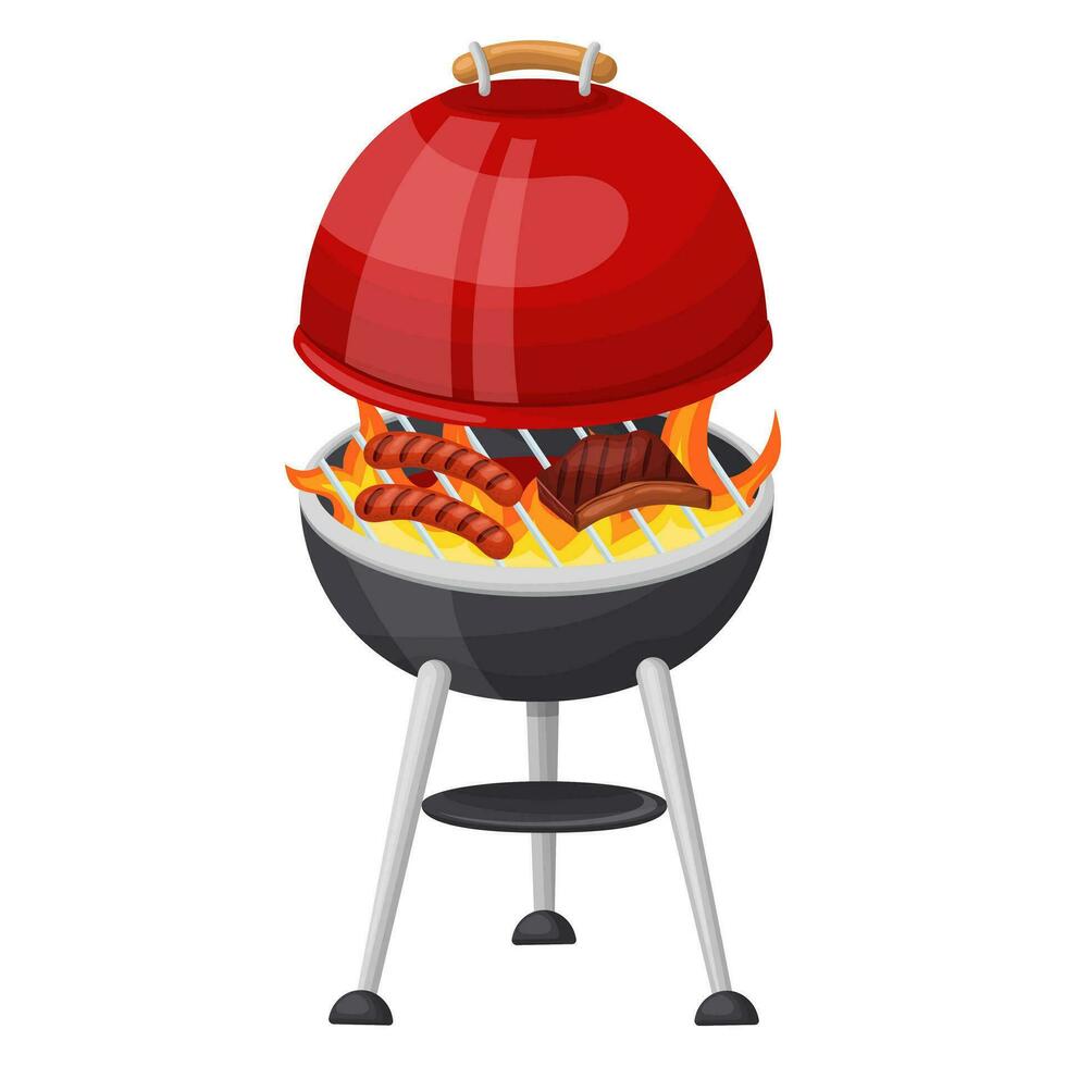 Cocinando salchichas y carne en un llameante parrilla . vector ilustración en un blanco antecedentes