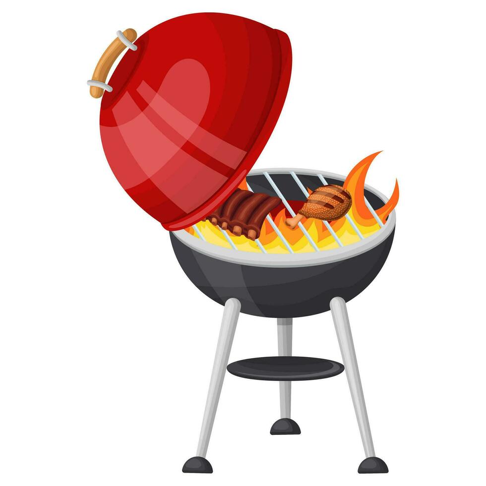 Cooking meat on bones and chicken on a flaming grill with an open lid. Vector illustration on a white background