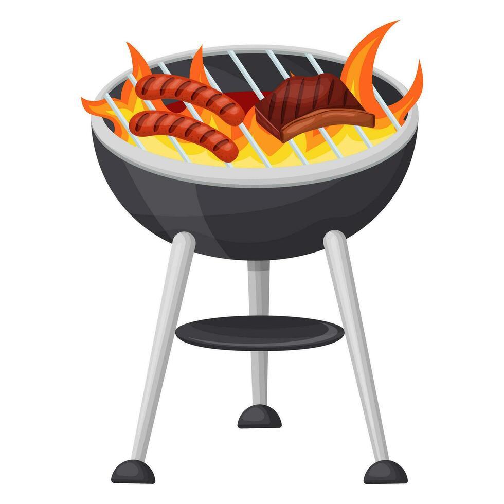 Cooking sausages and meat on a flaming grill . Vector illustration on a white background