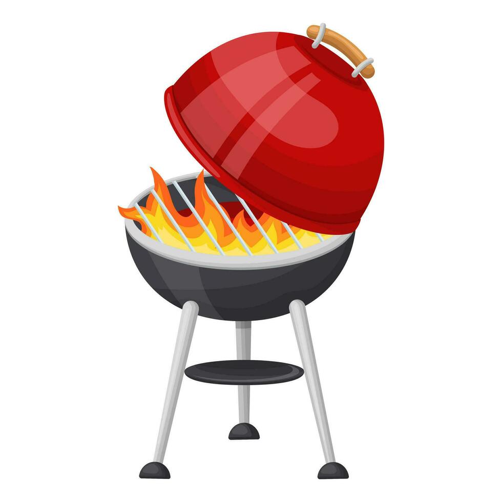 a flaming grill with an open lid. Vector illustration on a white background