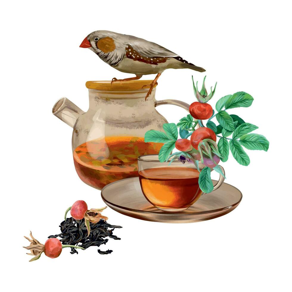 Cup of tea, teapot, rose hips, berries, bird. Vector illustration in graphic style. Design element for cards, invitations, spring banners, packaging, covers, labels, flyers.