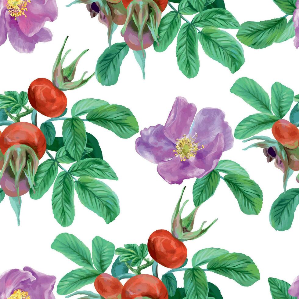 Rose hips, flowers and berries, seamless pattern. Graphic illustration. Design element for cards, invitations, spring banners, packaging, covers, textiles, wallpaper. vector