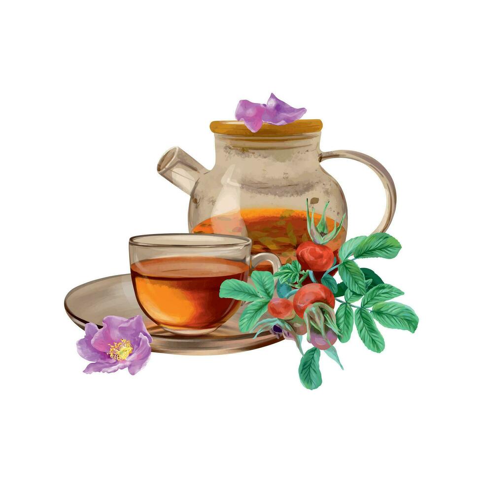 Cup of tea, teapot, rose hips, flowers and berries. Vector illustration in graphic style. Design element for cards, invitations, spring banners, packaging, covers, labels, flyers.