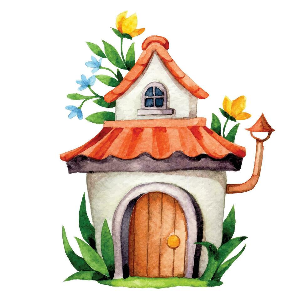 cute flower house, watercolor drawing with fairy house in flower garden vector