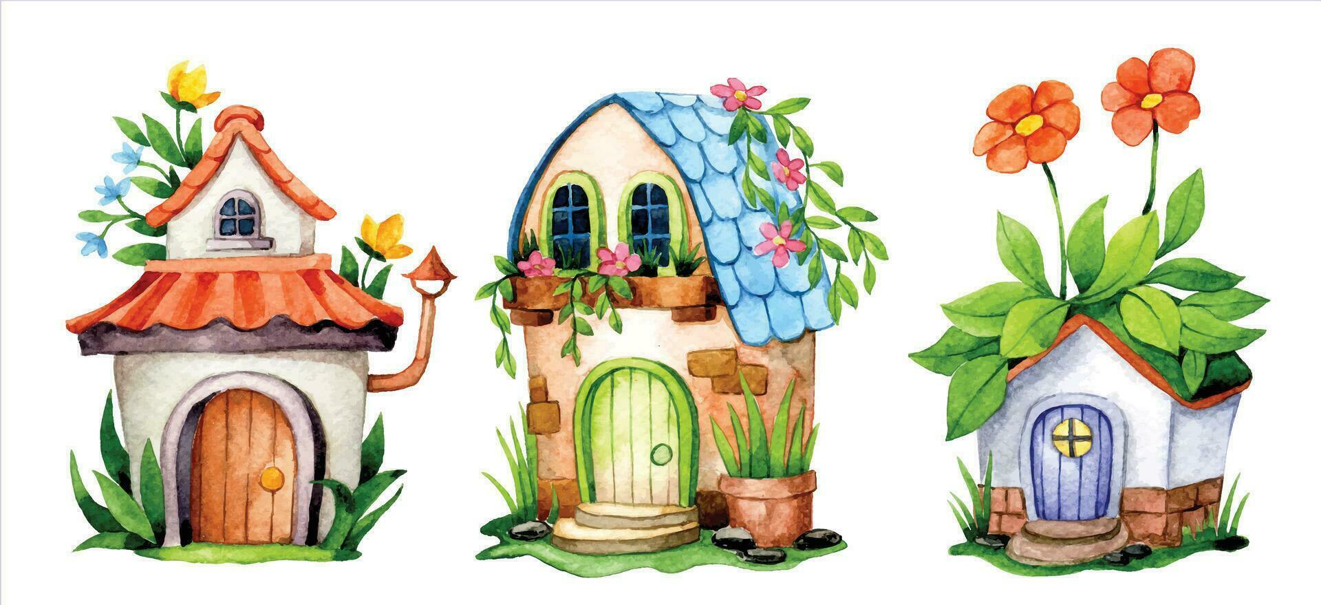 set of cute flower houses, watercolor drawing with fairy house in flower garden vector