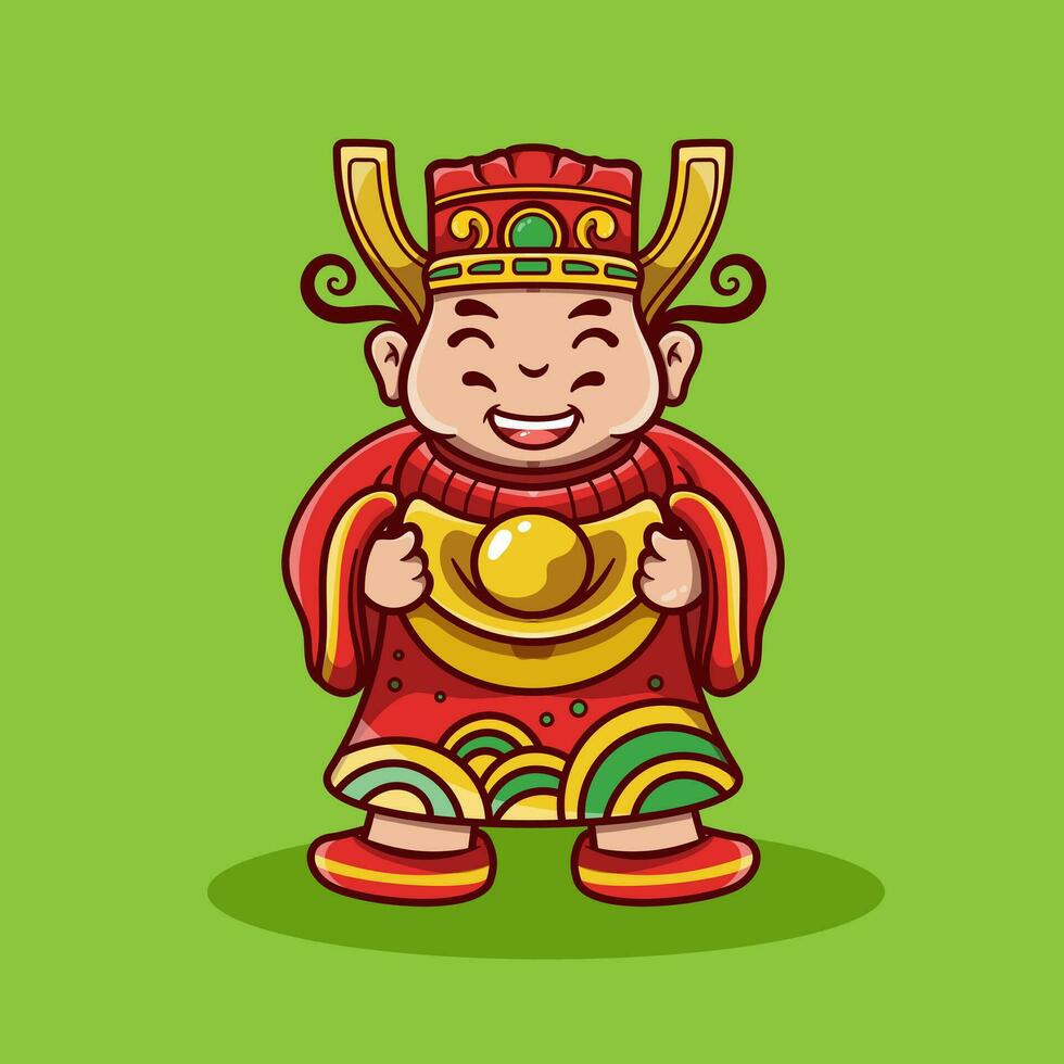 Cute chinese new year fortune god holding gold money. Chinese new year cartoon cute god of wealth holding gold vector