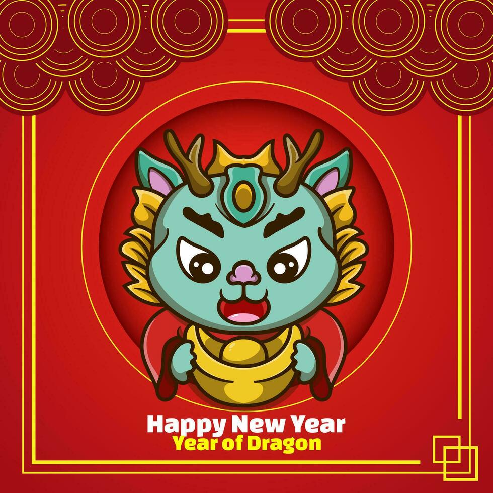 Happy Chinese new year festival. Year of the dragon. red, gold and white colors. Cartoon Vector illustration design for Poster, Banner, Greeting, Card, Flyer, Cover, Post. Chinese dragon. February 10.