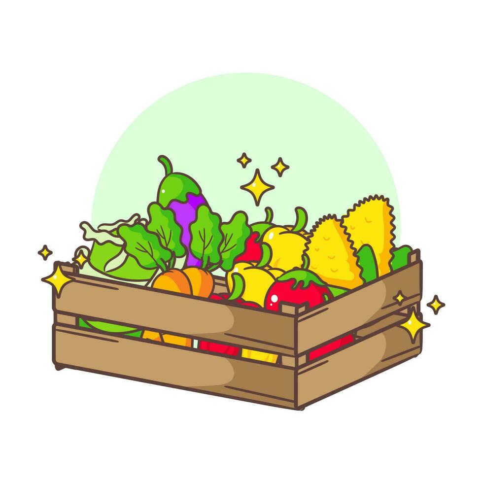 Vegetables in the basket cartoon vector illustration. Fresh organic food from local market. Isolated on white background.