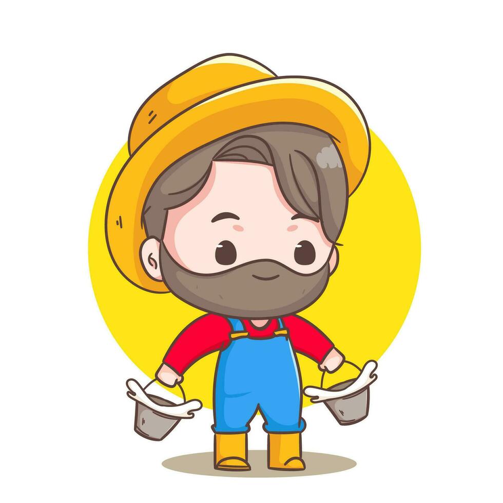 Cute farmer carrying fresh milk produce cartoon vector. Farming and agriculture concept design. Chibi style illustration. Isolated white background. Icon logo mascot vector