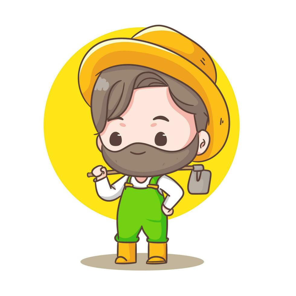 Cute farmer holding hoe cartoon vector. Farming and agriculture concept design. Chibi style illustration. Isolated white background. Icon logo mascot vector