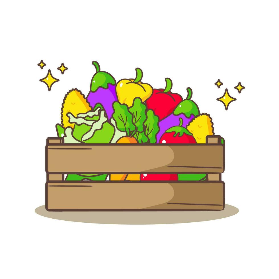 Vegetables in the basket cartoon vector illustration. Fresh organic food from local market. Isolated on white background.