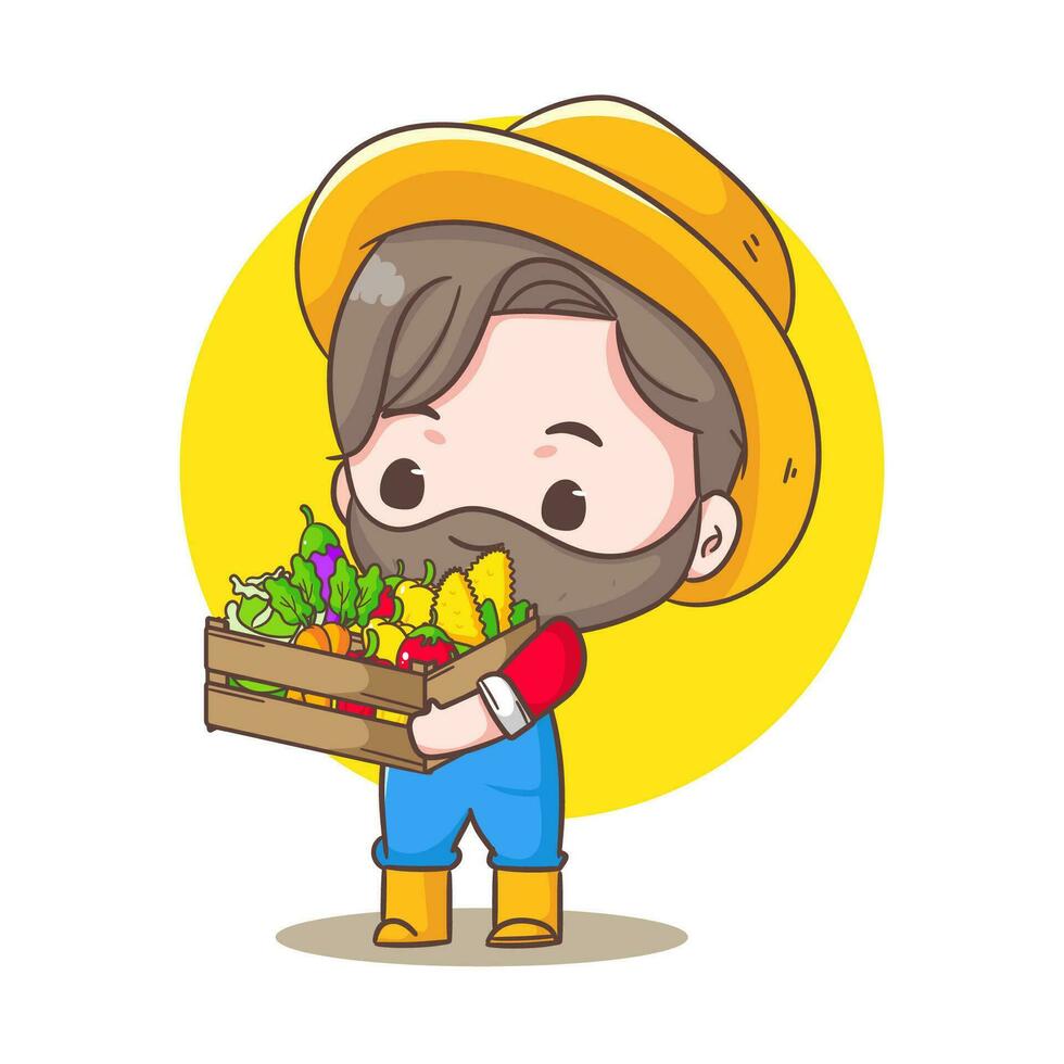 Cute farmer cartoon vector. gardener in uniform holds basket of ripe vegetables and fruits. Farming and agriculture concept design. Chibi style illustration. Isolated white background. Icon logo masco vector