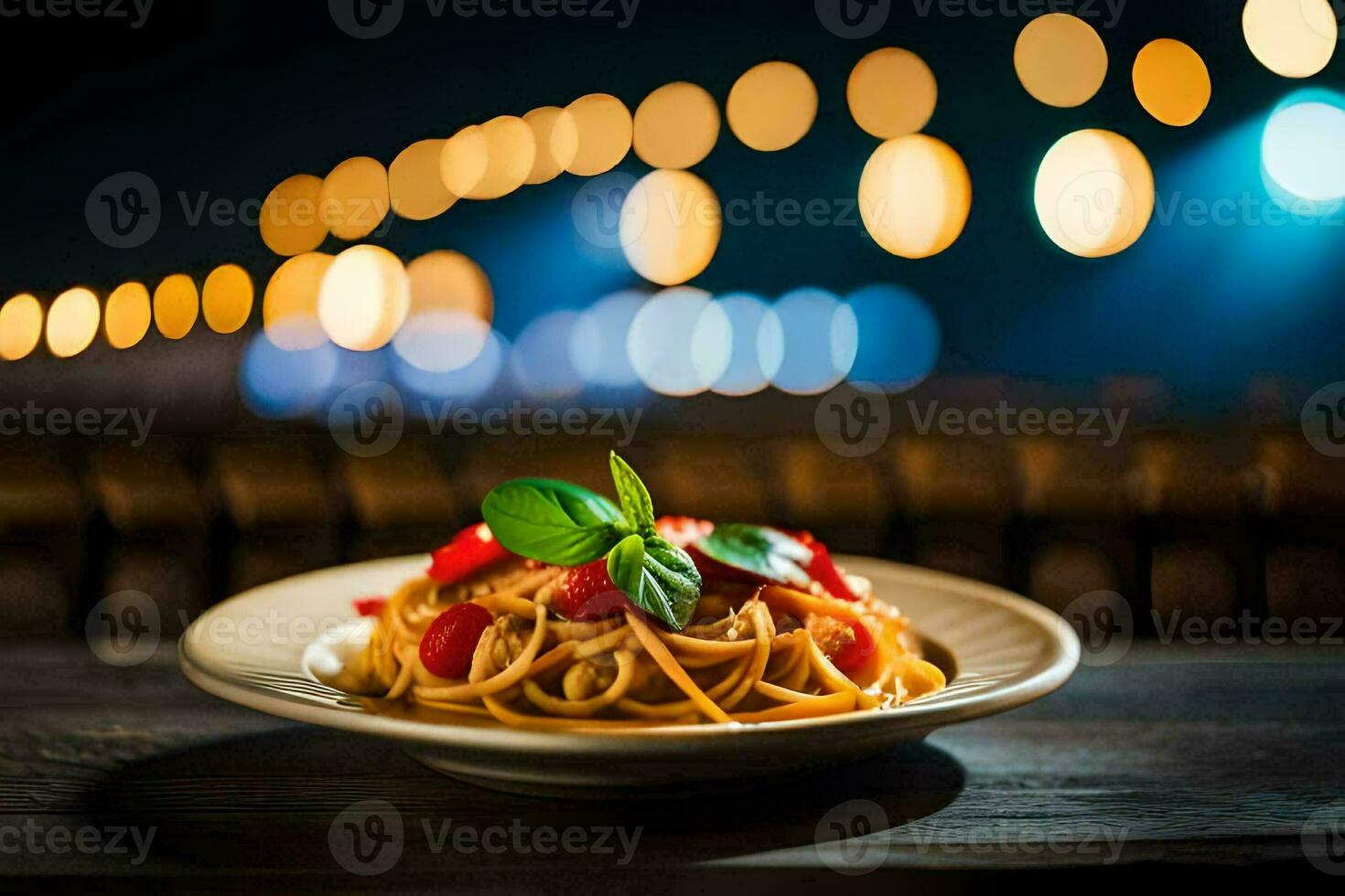 AI generated spaghetti with tomato and basil on a plate photo
