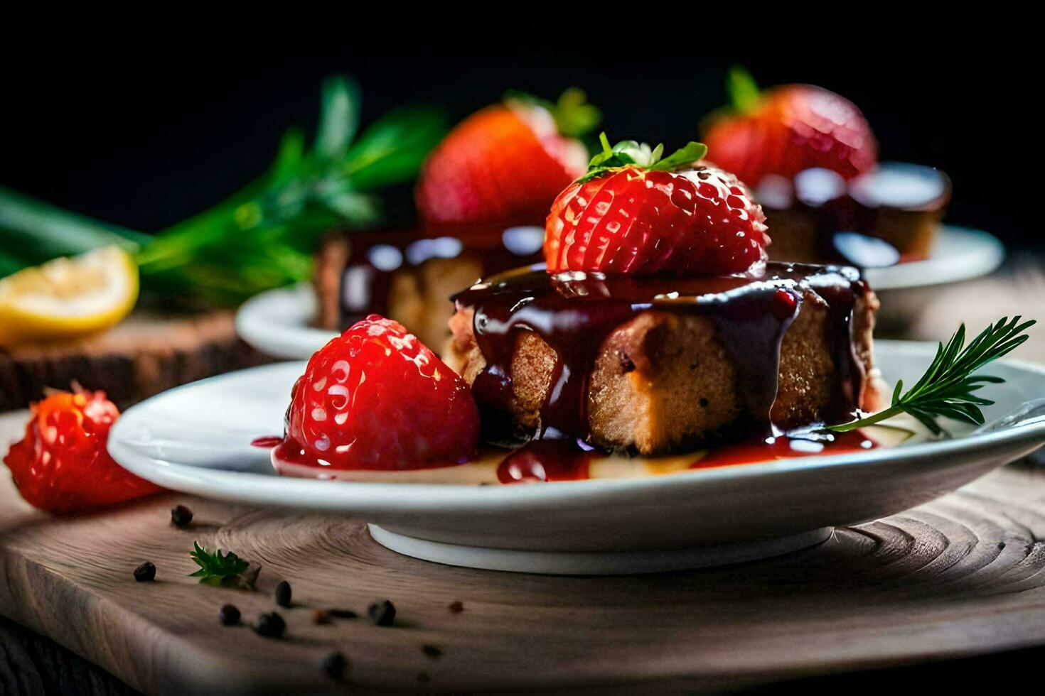 a plate of strawberries and a slice of cake with syrup. AI-Generated photo