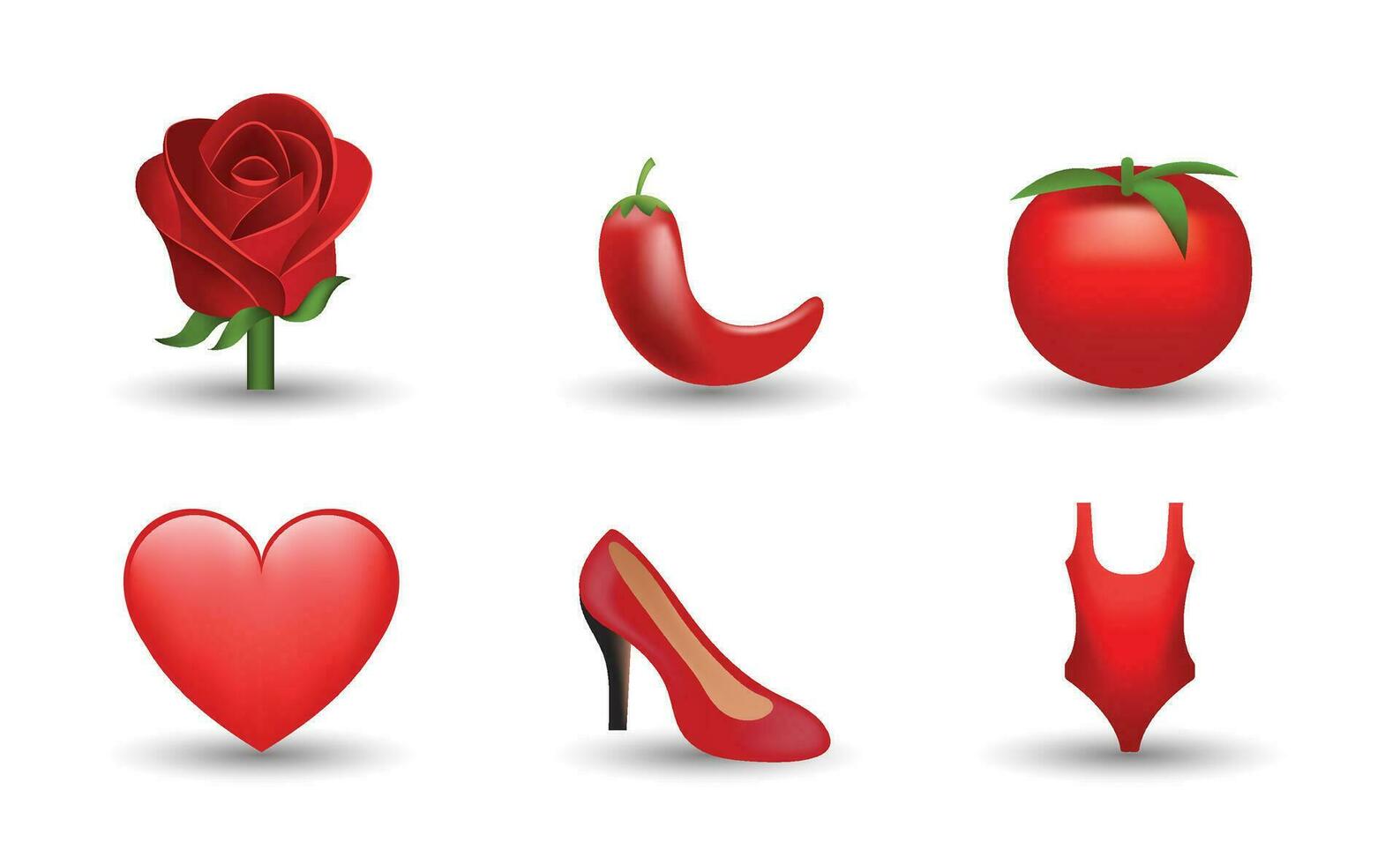6 Emoticon isolated on White Background. Isolated Vector Illustration. Red rose, pepper, tomato, heart, high heel shoe, swimsuit vector emoji Illustration. Set of 3d objects Illustration in red color.