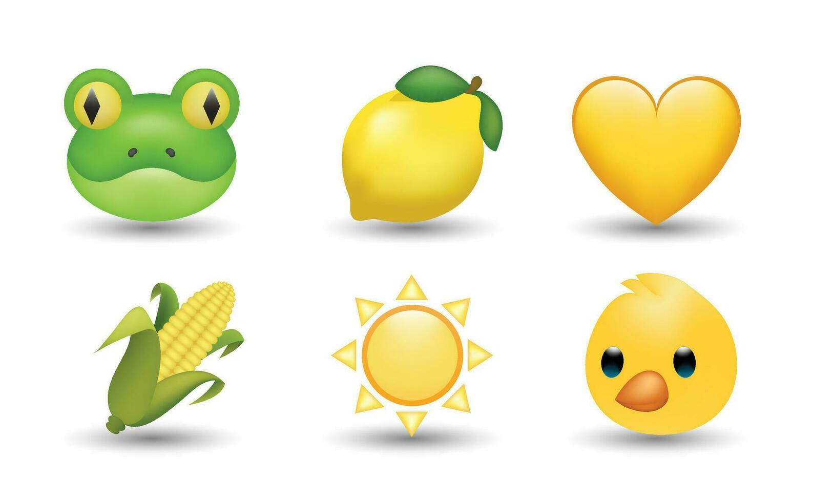6 Emoticon isolated on White Background. Isolated Vector Illustration. Frog, lemon, yellow heart, corn, sun, chicken vector emoji Illustration. Set of 3d objects Illustration in yellow color.