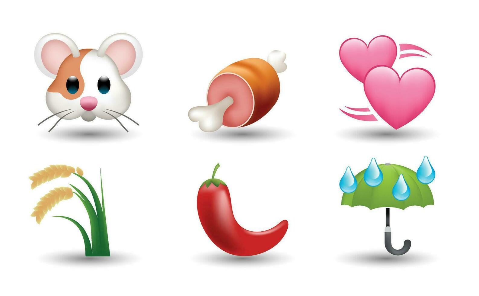 6 Emoticon isolated on White Background. Isolated Vector Illustration. Hamster, piece of meat with bone, pink hearts, hanging rice ears, pepper, umbrella vector emoji Illustration. 3d Illustration.