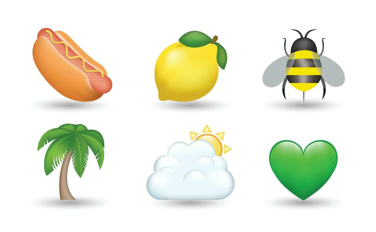 6 Emoticon isolated on White Background. Isolated Vector Illustration. Hot dog, lemon, bee, palm tree, cloud with sun, green heart vector emoji Illustration. 3d Illustration.