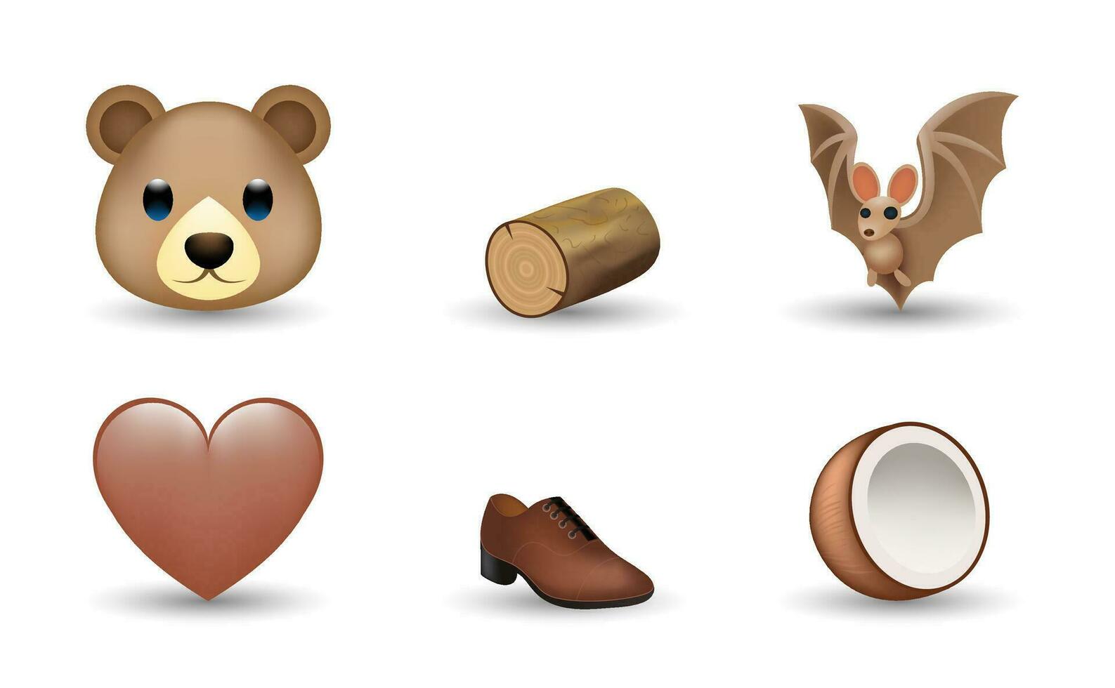 6 Emoticon isolated on White Background. Isolated Vector Illustration. Bear, wood log, bat, brown heart, shoes, coconut vector emoji Illustration. 3d Illustration set.