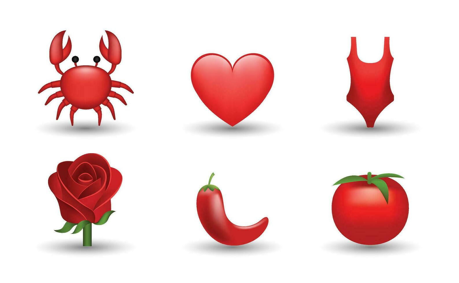 6 Emoticon isolated on White Background. Isolated Vector Illustration. Crab, tomato, swimwear, red heart, red rose, tomato vector emoji Illustration. 3d Illustration set.