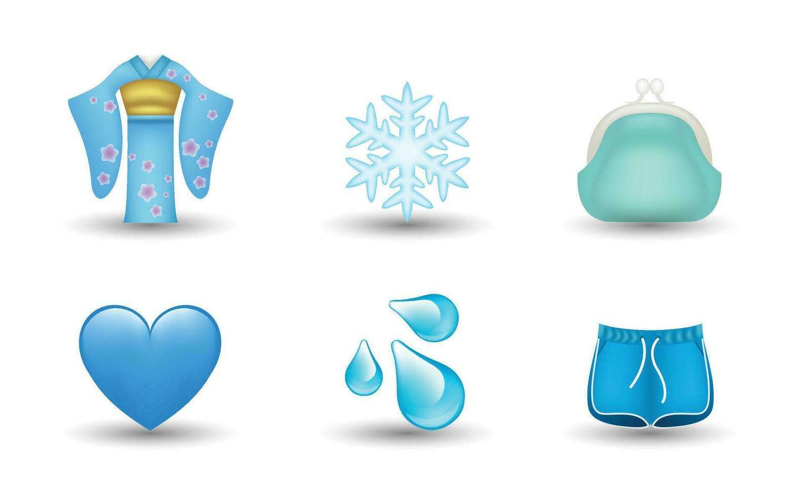 6 Emoticon isolated on White Background. Isolated Vector Illustration. Dress, snowflake, purse, blue heart, water drop, shorts vector emoji Illustration. Set of 3d objects Illustration in blue color.
