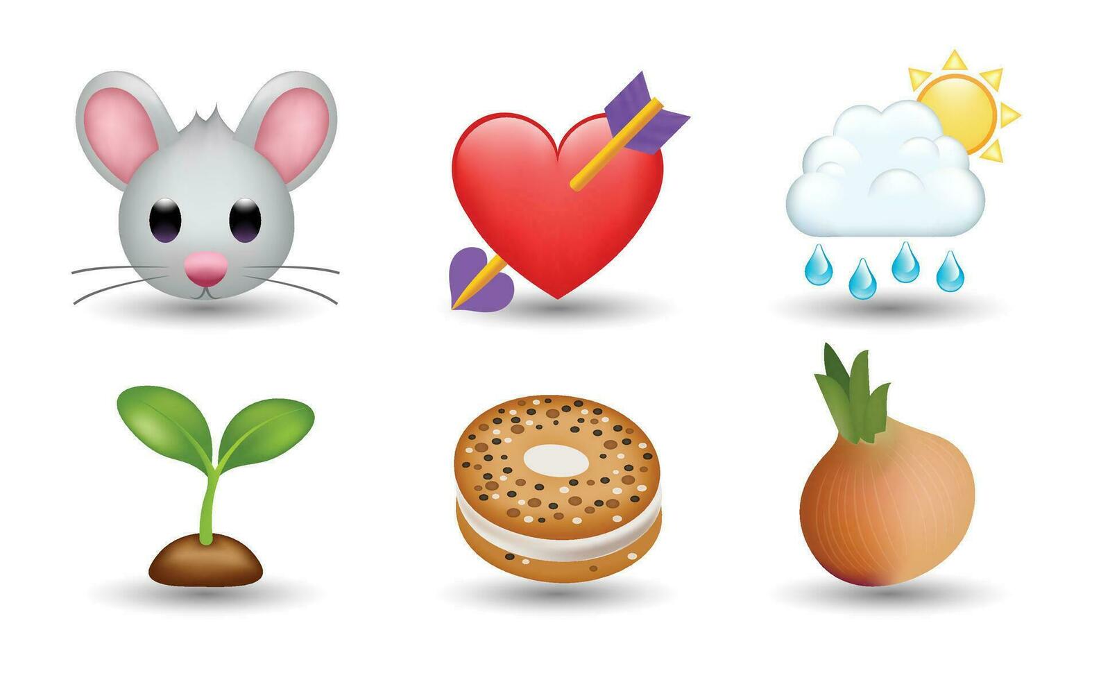 6 Emoticon isolated on White Background. Isolated Vector Illustration. Mouse, red heart with arrow, cloud with and rain, growing plant, chocolate donut, onion vector emoji. 3d Illustration.