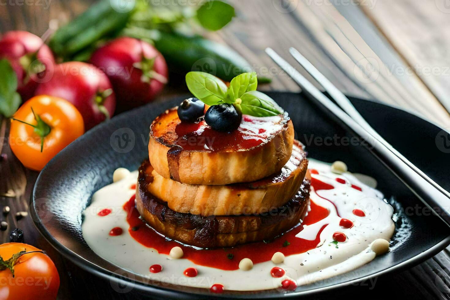 AI generated a plate with a stack of pancakes and sauce photo