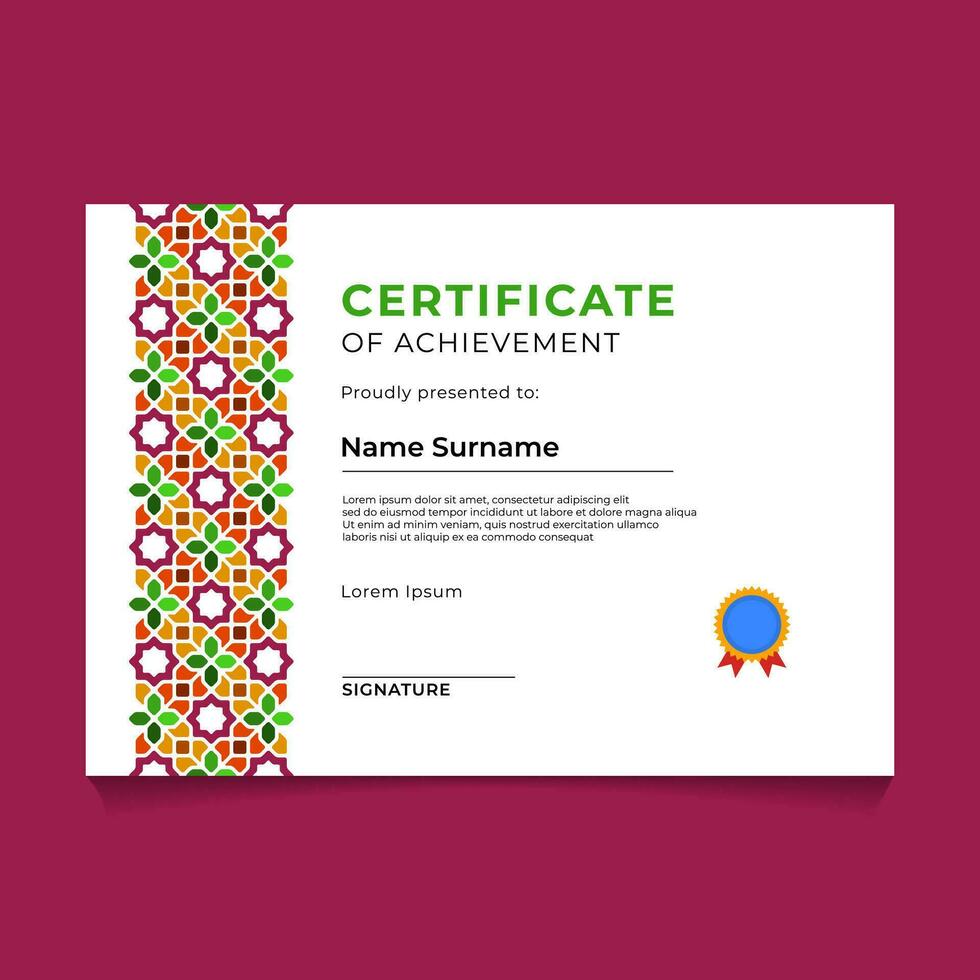 Islamic Geometric Certificate Template Design vector