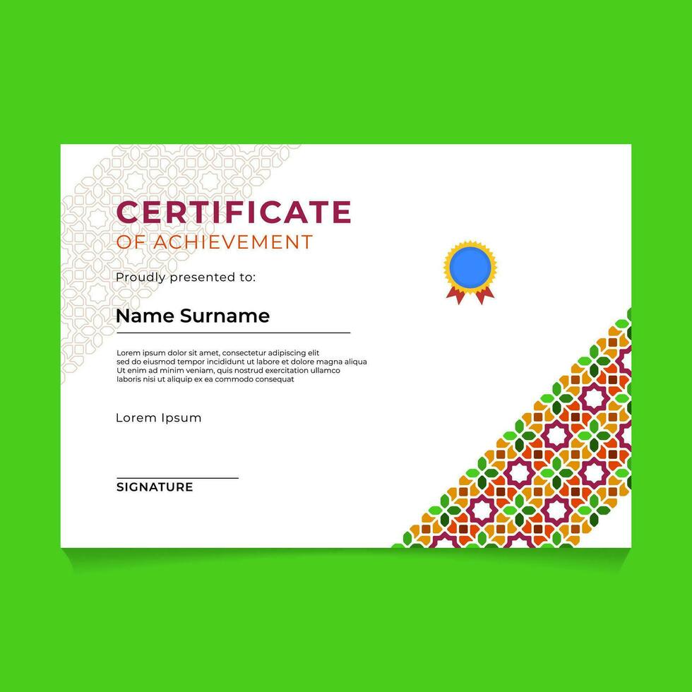 Islamic Diagonal Pattern Certificate Template Design vector