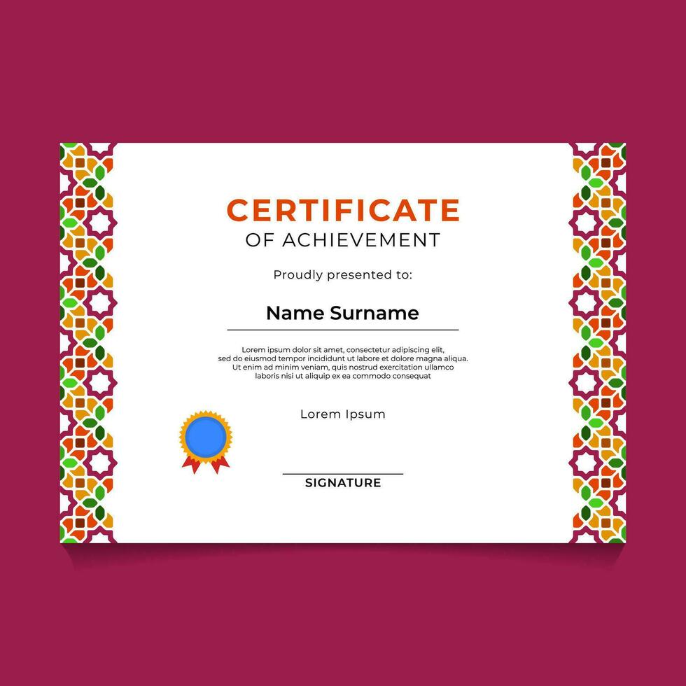 Islamic Geometric Certificate Template Design vector